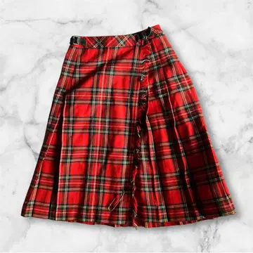 70s80s archive 타탄 체크 플리츠 스커트 빨간색 페어리 그런지