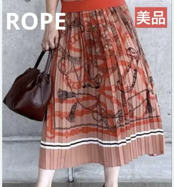 새상품급 ROPE 로페 스카프 패턴 플리츠 36 롱 스커트 오렌지