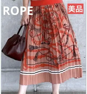 새상품급 ROPE 로페 스카프 패턴 플리츠 36 롱 스커트 오렌지