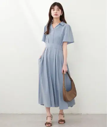 내추럴 꾸뛰르 스키퍼 카라 플레어 소매 원피스 색스 블루