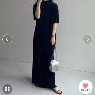 wee9s 네이비 스트레치 플리츠 롱 원피스 반팔