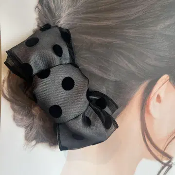 핸드메이드 바나나 클립 리본 도트 튤 x 래글런 리본 그레이