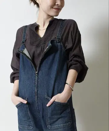다크 데님 지퍼 오버롤