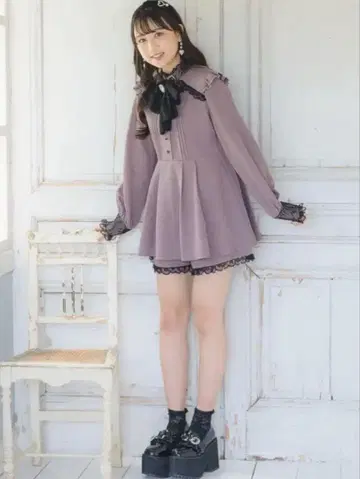 ROJITA 로지타 셋업 데콜테 트임 리본 레이스 핑크 긴팔