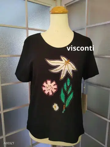 택 포함 visconti T셔츠 스팽글 비즈 자수 네이비