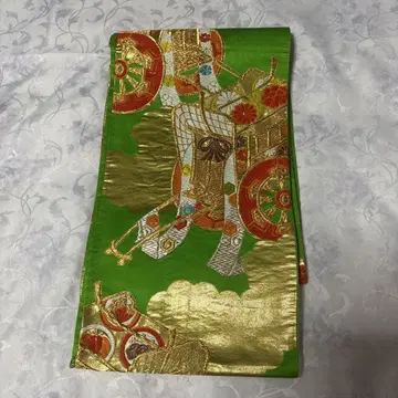 오비 순수 실크 고쇼구루마 금채 그린 컬러