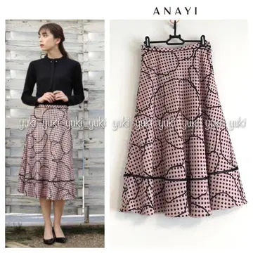 ANAYI 도트라인 플라워 프린트 플레어 스커트 38