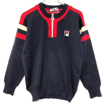 레트로 스키 FILA 구제 의류 로고 자수 하프 지퍼 라인 스웨터