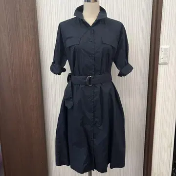 네이비 셔츠 원피스 7부 소매 벨트 포함