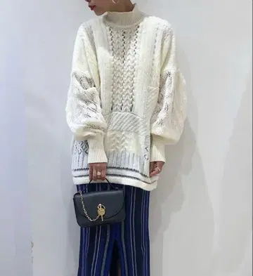 mame Mixed Cable Knit Pullover - white