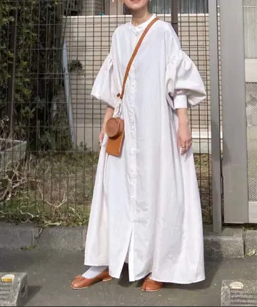 볼륨 슬리브 스트라이프 셔츠 원피스