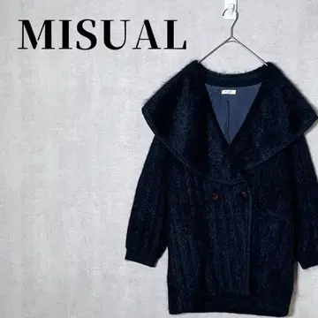미사르 빅 칼라 샤기 니트 더블 코트 미들 기장 블랙 사이즈 M
