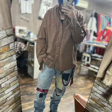 DOCKERS L 구제 의류 아메카지 오렌지와 그레이 체크 무늬 셔츠