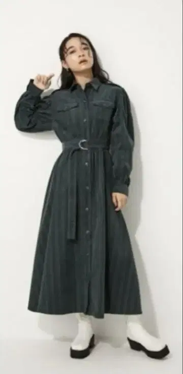 벨트 포함 코듀로이 원피스 M 다크 그린