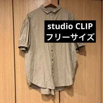 여성용 studio CLIP 린넨 혼합 베이지 반팔 셔츠 퍼프 슬리브