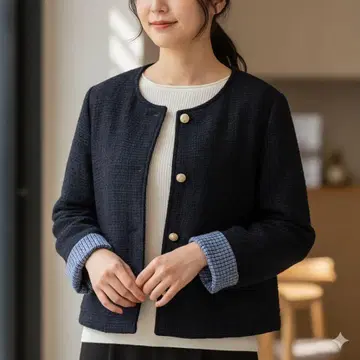 FESHORNI 이소재 트위드 자켓 소매 체크 무늬 여성용 네이비