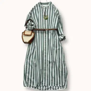 새상품급 티카 코튼 노카라 롱 셔츠 원피스 스트라이프 그린 화이트
