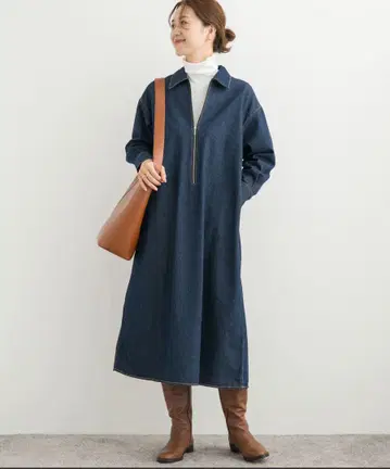 어반 리서치 도어스 다크 블루 데님 하프 지퍼 원피스