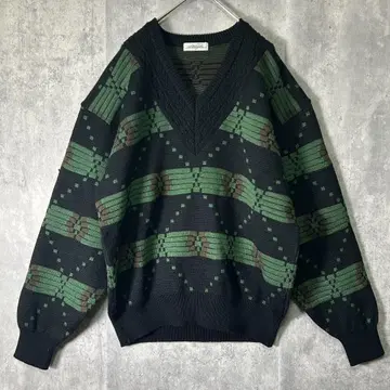 일본제 빈티지 니트 블랙 그린 V넥 울 스웨터