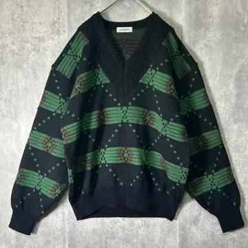 일본제 빈티지 니트 블랙 그린 V넥 울 스웨터