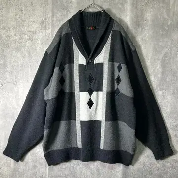 일본제 디자인 니트 스웨터 자수 그레이 아가일 다이아