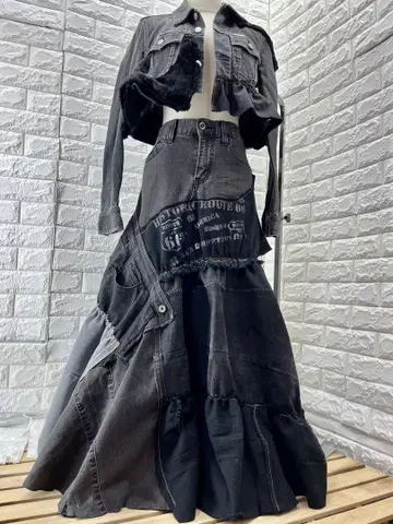 리메이크 데님 퍼 탁한 블랙 셋업