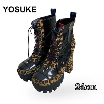 미사용 YOSUKE 레오파드 레이스업 부츠 통굽 부츠 24cm