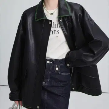 [ 완판템 ] CHIC and THINGS 그린 스티치 가죽 자켓