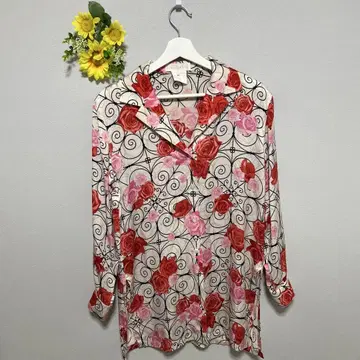 ESCADA 여성용 긴팔 셔츠 100% 실크 얇은 소재 장미 무늬 36