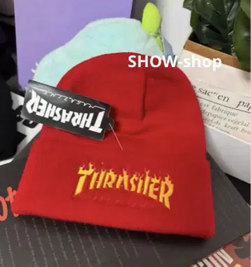 Thrasher 프레임 로고 니트 모자 레드