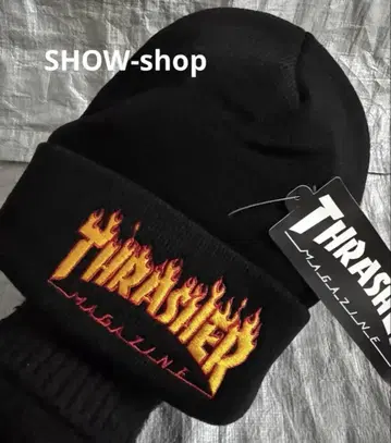 THRASHER 블랙 니트 모자 불꽃 로고 자수