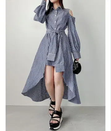 dazzlin 레이어드 헤므 셔츠 원피스 네이비