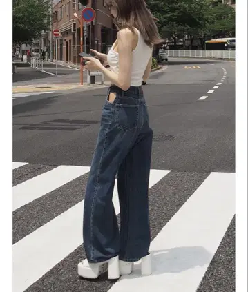 EVRIS 오픈 허리 와이드 데님 팬츠