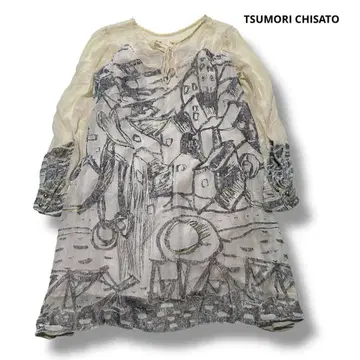 TSUMORI CHISATO 실크 원피스 벨로아 패턴 사이즈 2 베이지