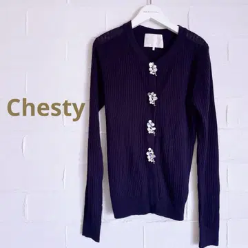 새상품급 Chesty 체스티 리브 니트 가디건 네이비 비쥬 비즈