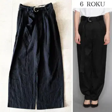 린넨 100% 6 ROKU 헤비 린넨 와이드 팬츠 S 흑먹색 벨트 리본