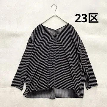 [ 새상품급 ] 23구 스트라이프 V넥 블라우스 블랙 루즈핏 긴팔 M