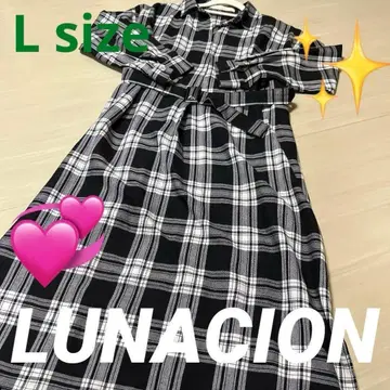 새상품급 LUNACION 체크 셔츠 롱 원피스 L 블랙 흰색 화이트 긴팔
