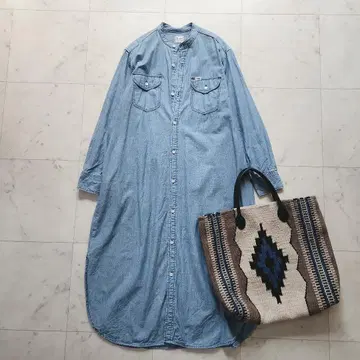 새상품급 Lee x BEAMS 데님 셔츠 원피스 밴드 카라 겉옷 블루