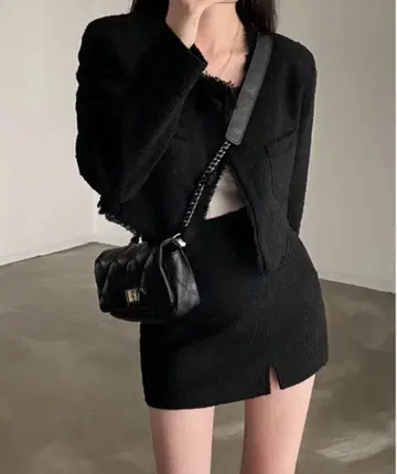 셋업 노카라 트위드 자켓 슬릿 트위드 스커트 한국