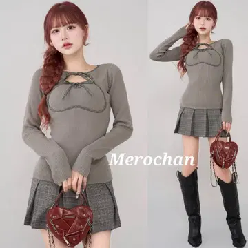 다리치 포인트 체크 니트 미니 원피스 그레이
