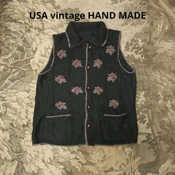 USA vintage HAND MADE 잎 패턴 울 지레 베스트