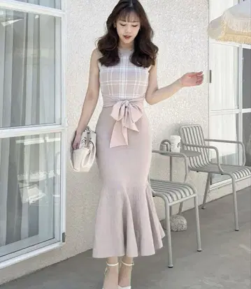 로얄 파티 허리 리본 체크 슬리브리스 머메이드 원피스