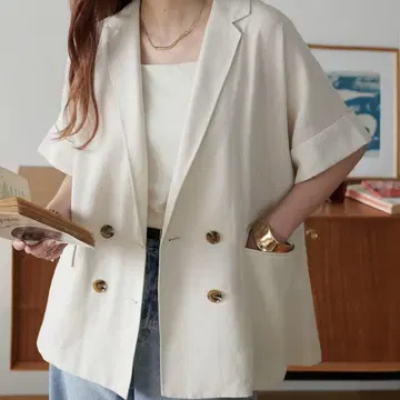 새상품 디스코트 린넨 라이크 반팔 셔츠 자켓 라이트 베이지