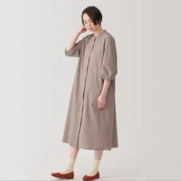무인양품 잘 마르는 브로드 칠부 소매 원피스 브라운 스트라이프 XL