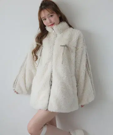 NICE CLAUP 사이드 라인 리본 보아 블루종 아이보리
