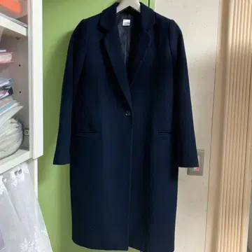 네이비 롱 코트 싱글 버튼