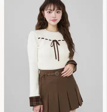 체크 커프스 리본 니트탑 다리치