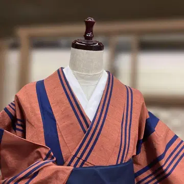 순수 실크  네이비 줄무늬 핑크 계열 벽돌색