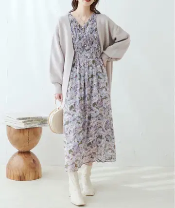 새상품* 고급 핀턱 플리츠 원피스 꽃무늬 내추럴 꾸뛰르